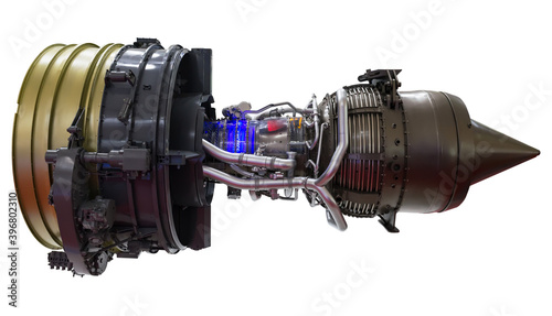 Close-up of a large jet engine turbine