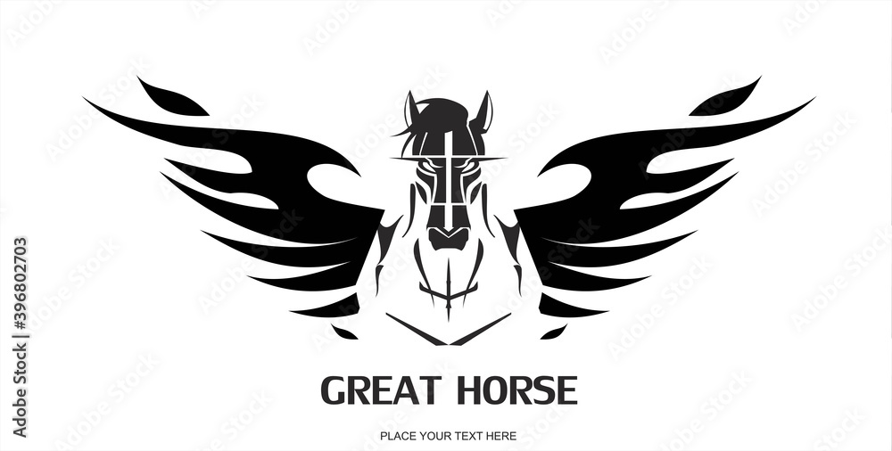 Obraz premium Pegasus Horse Head. suitable for team identity, sport club logo or mascot, insignia, embellishment, emblem, illustration for apparel, mascot, equestrian club, motorcycle community, etc.