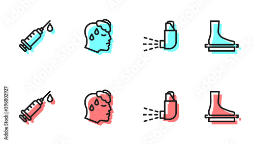 Set line Inhaler, Syringe, High human body temperature and Flat foot icon. Vector.