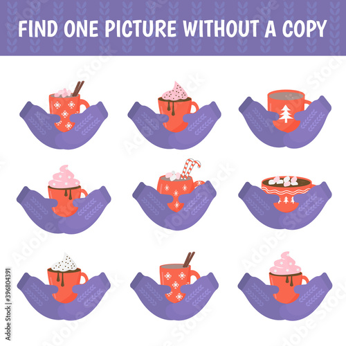 Find a mittens and cup without a pair. A game for children on mindfulness. Vector illustration.