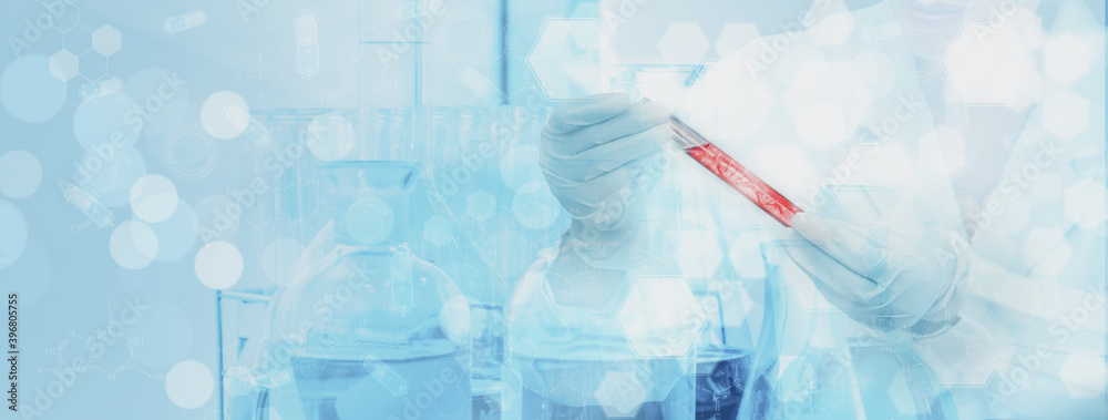 Doctor or scientist holding test tube analysis DNA structure molecule chain,medical and genetics,science biotechnology human cell in laboratory of biochemistry,banner header panoramic Doctor or scientist holding test tube analysis DNA structure molecule chain,medical and genetics,science biotechnology human cell in laboratory of biochemistry,banner header panoramic