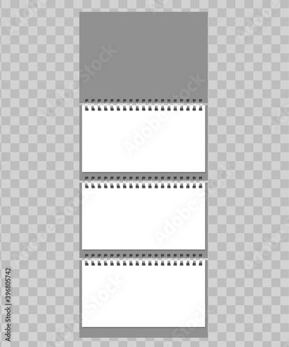 Wall calendar template. Vector 3d realistic. Blank form from three page blocks on steel springs. Mockup for your design on a transparent background. EPS10.

