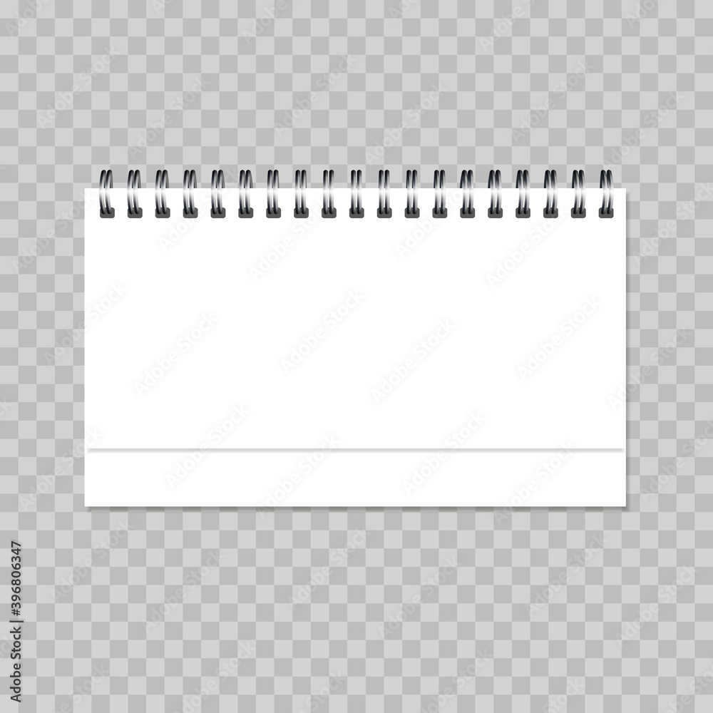 Vector Desk calendar template. 3d realistic. Blank form with spiral springs and soft shadows. Horizontal Mockup isolated on a transparent background. front view. EPS10. Vector Desk calendar template. 3d realistic. Blank form with spiral springs and soft shadows. Horizontal Mockup isolated on a transparent background. front view. EPS10.