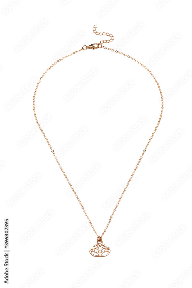 Detailed shot of golden necklace made as rolo chain with lotus shaped pendant and extension chain. The elegant necklace is isolated on the white background. Detailed shot of golden necklace made as rolo chain with lotus shaped pendant and extension chain. The elegant necklace is isolated on the white background.