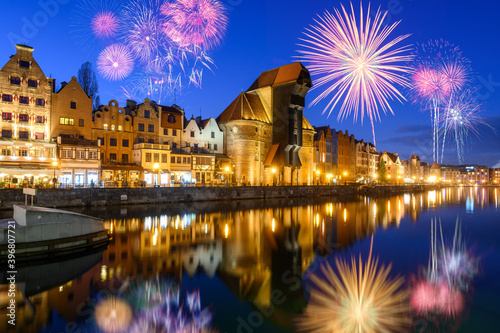 New year celebrate fireworks over Old Town of Gdansk. Poland, Europe