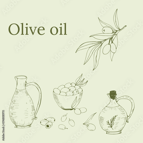 Hand drawn vector illustration olive oil and olives. Set of olive branch illustrations. Design elements for poster, label, emblem, sign, banner. Vector illustration.
