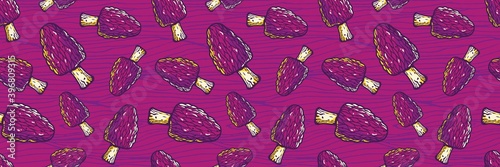 Colored seamless pattern wallpaper. Vector illustration of morel. Autumn mushroom picking for vegan food and cooking design