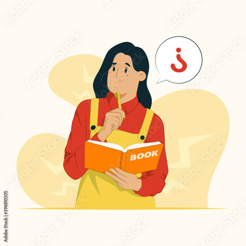 Young woman holding pen and looking at copybook concept
