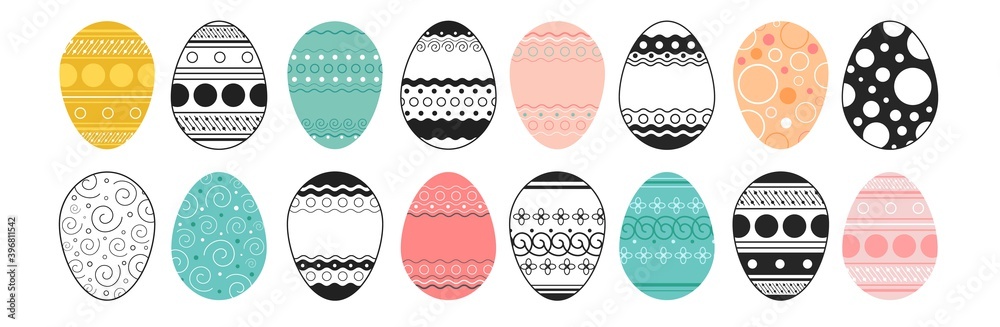 Big set of Easter eggs vector icons with pattern. Colored and black and white contour decorative elements for festive products. Traditional attribute. Flat images for the design of banners and cards. Big set of Easter eggs vector icons with pattern. Colored and black and white contour decorative elements for festive products. Traditional attribute. Flat images for the design of banners and cards.