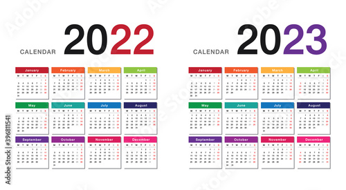 Colorful Year 2022 and Year 2023 calendar horizontal vector design template, simple and clean design. Calendar for 2022 and 2023 on White Background for organization and business. Week Starts Monday.
