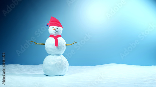 Snowman with red hat and scarf on snow in winter season on blue   3D rendering © Alextra