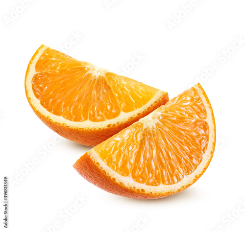 Slices of orange fruit isolated on white background
