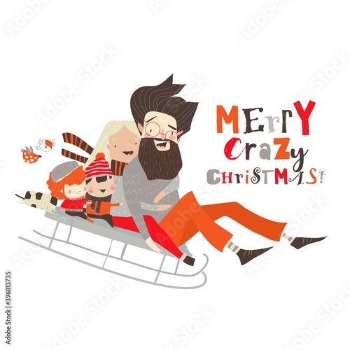 Cartoon happy family enjoying sleigh ride.Family having fun in December spending time together.