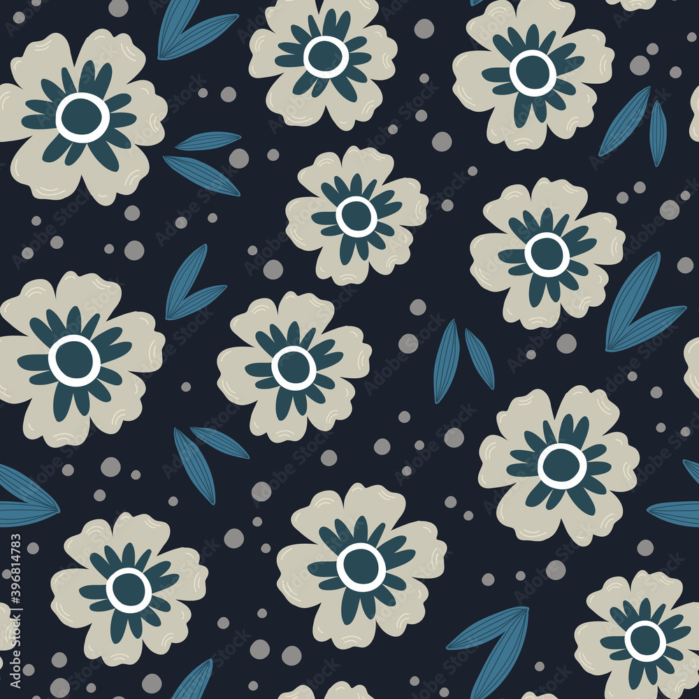 gray and blue flowers with leaves seamless pattern, vector hand drawing greeting card template