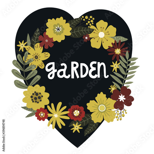 heart and flowers, lettering the words garden, vector doodle postcard template
