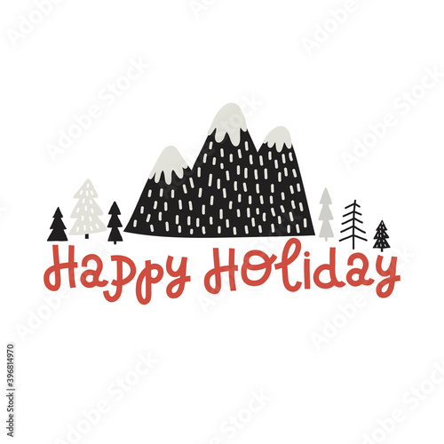 vector happy holidays, mountains and forest, postcard template background
