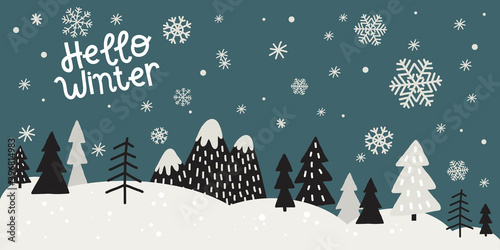 vector hello winter forest christmas trees mountains postcard template background