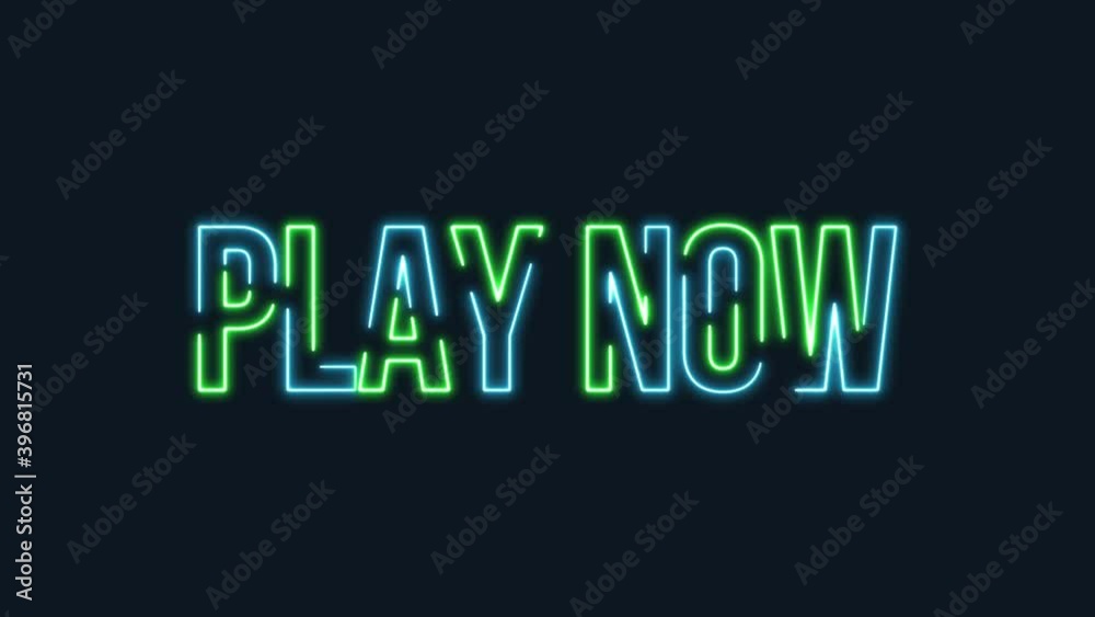 play now Neon Glowing text on black background.4K video