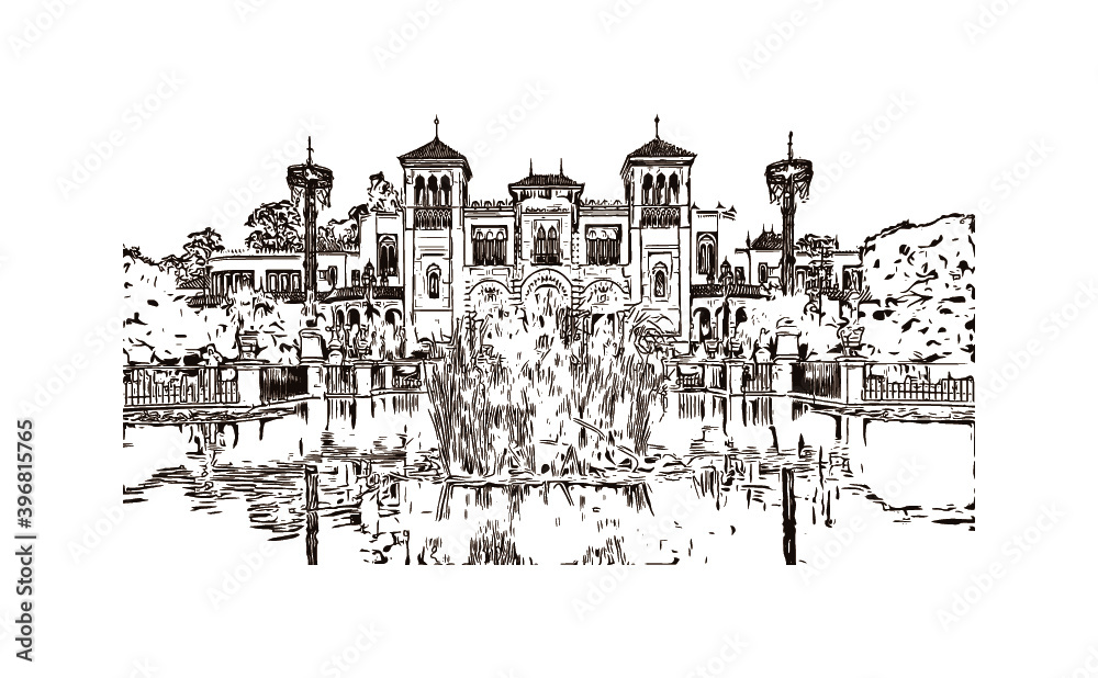 Building view with landmark of Sevilla is a Spanish professional football club based in Seville. Hand drawn sketch illustration in vector.