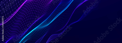 Futuristic wave on dark background. Colored pattern of connection dots. Big data. Technology or Science Banner. 3D