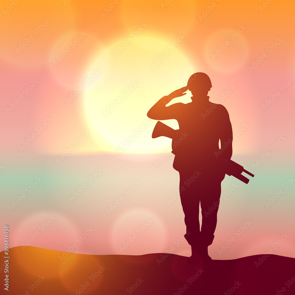 Silhouette of a solider saluting against the sunrise. Concept - protection, patriotism, honor.