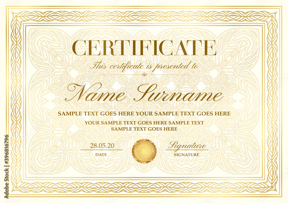 Gold elegant certificate with golden border (frame), curve pattern with fine line ornament on background. Vector template for invite, diploma - obrazy, fototapety, plakaty 