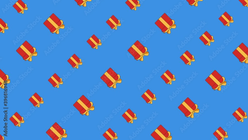 Vector Christmas gifts fly diagonally pattern on blue loop background