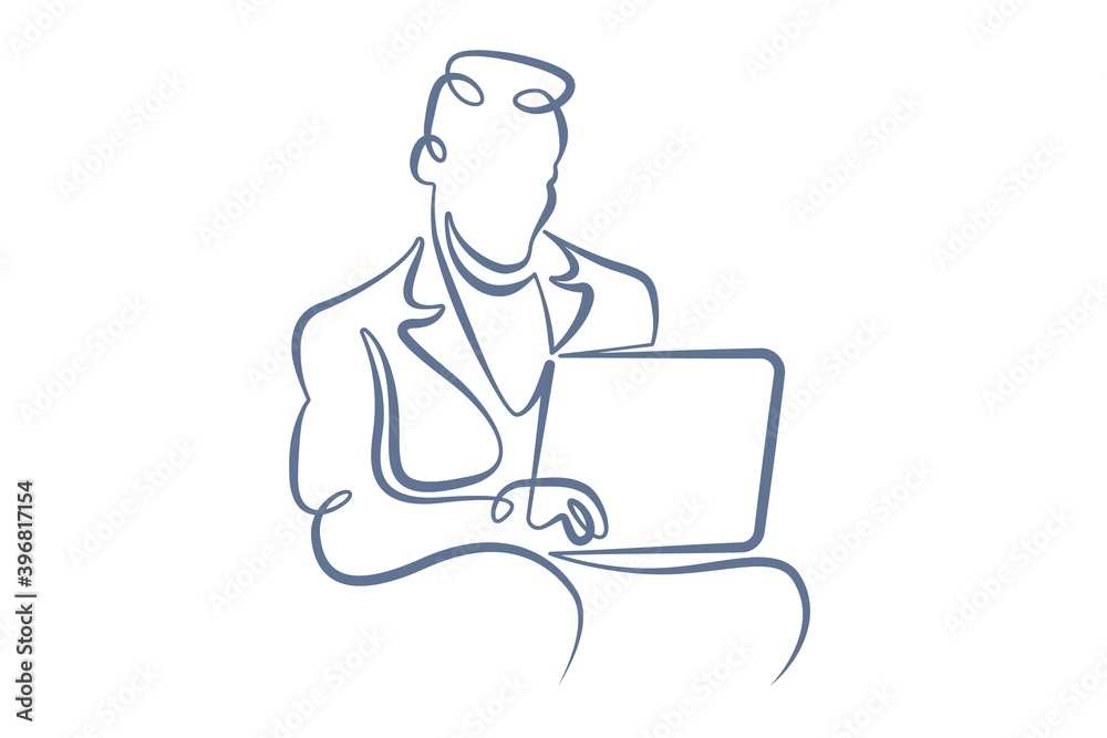 Portrait of a working man at a computer laptop.