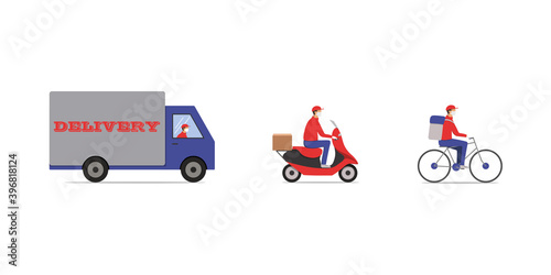 Online delivery service concept, online order tracking, delivery home and office. Warehouse, truck, scooter and bicycle courier, delivery man in respiratory mask and gloves.