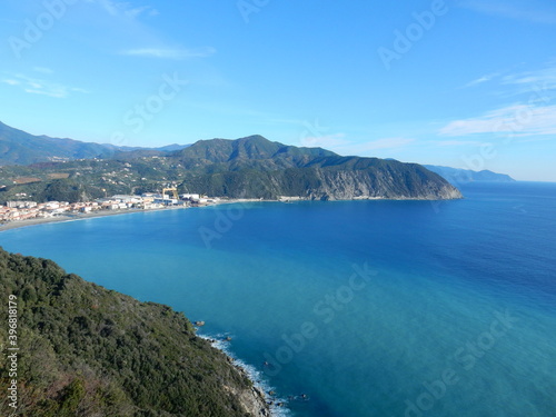 looking over Riva Trigoso and Punta Baffe from Punta Manara, Sestri Levante, Genoa province, Liguria, Italy