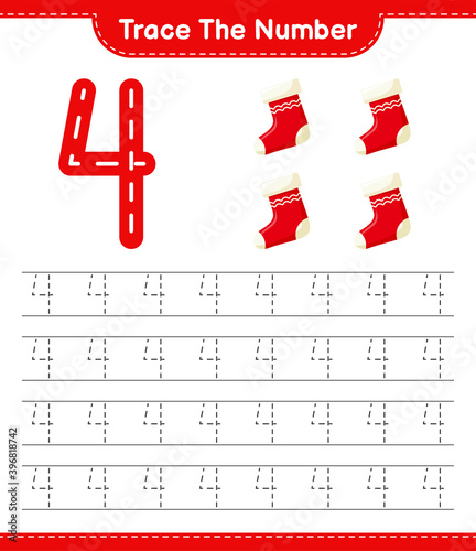 Trace the number. Tracing number with Christmas Stocking. Educational children game, printable worksheet, vector illustration