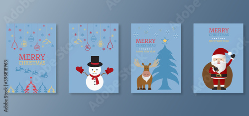 Set of Cute santa claus, moose and snowman with landscape forest. Merry christmas and happy new year. Christmas greeting card