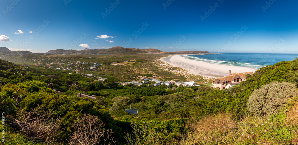 Panorama view of Noordhoek Long Beach near Cape Town, South Africa.