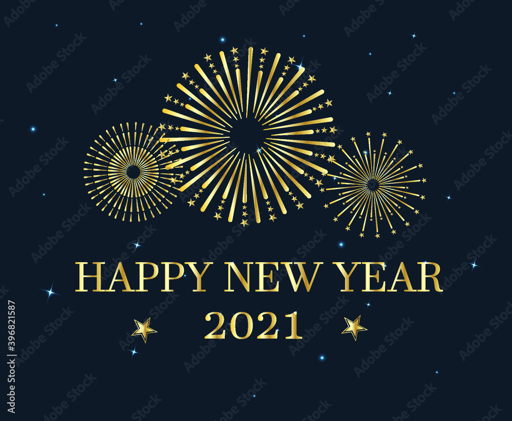 Happy new year  greeting card. Vector illustration of golden fireworks on dark  blue background.Happy new year 2021 greeting card . Banner, flyer, poster,  template.