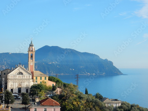 the small village of Pieve Ligure with Portofino mountain in the background, Genoa province, Golfo Paradiso, Liguria, Italy