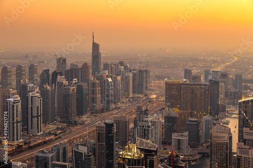 Aerial view of cityscape and skyline in Marina.Dubai.UAE at sunset 