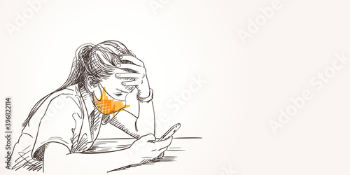 Sketch of teenage girl portrait in face mask for Coronavirus protection New normal. Using smartphone resting her forehead on hand side view, Vector hand drawn head illustration