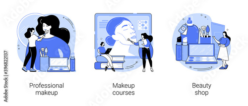 Beauty salon abstract concept vector illustration set. Professional makeup, makeup courses, beauty shop, online workshop, skin care products, gift card, cosmetics masterclass abstract metaphor.