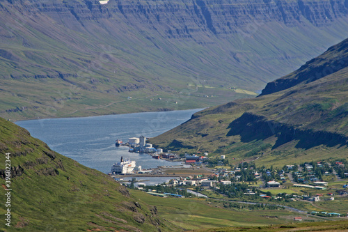 Seydisfjördur, Iceland, on the fjord with incoming ferry