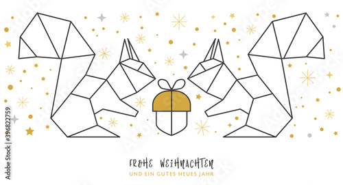 Weihnachtskarte linie Deko - zwei Eichhörnchen mit Geschenk - deutscher Text frohe Weihnachten und ein gutes neues Jahr