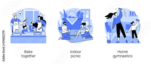 Family fun amid quarantine abstract concept vector illustration set. Bake together, indoor picnic, home gymnastics, time together with children, indoor activities, stay at home abstract metaphor.