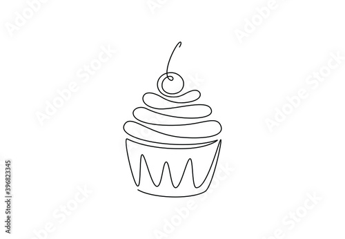 Muffin cake one single line drawing for logo. Sweet cupcake with cherry, delicious pastry online shop icon restaurant badge concept. Modern hand draw vector illustration