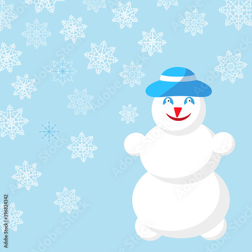 Snowman in a blue hat on a background with snowflakes. Christmas card