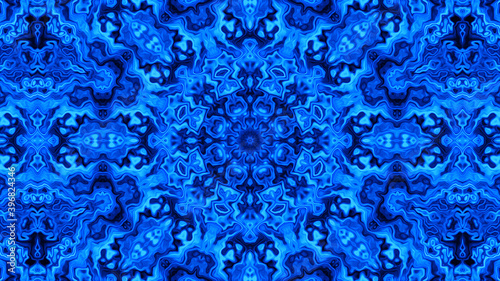 Cold blue winter fairytale kaleidoscope background pattern with symmetric cobalt icy gradient elements