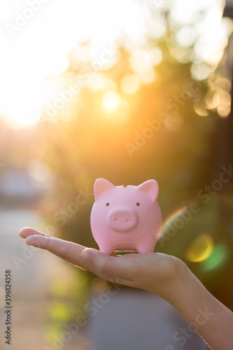 Hand puting coins Pig piggy bank and coin stack on nature background