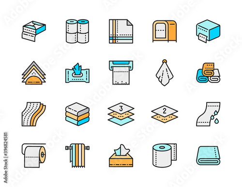 Set of Napkins Flat Color Line Icons. Toilet Rolls, Holder, Hand Dryer and more.