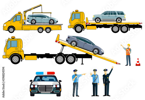 Autos auf Abschleppwagen mit Polizei, isoliert auf weißem Hintergrund. – Vektor Illustration