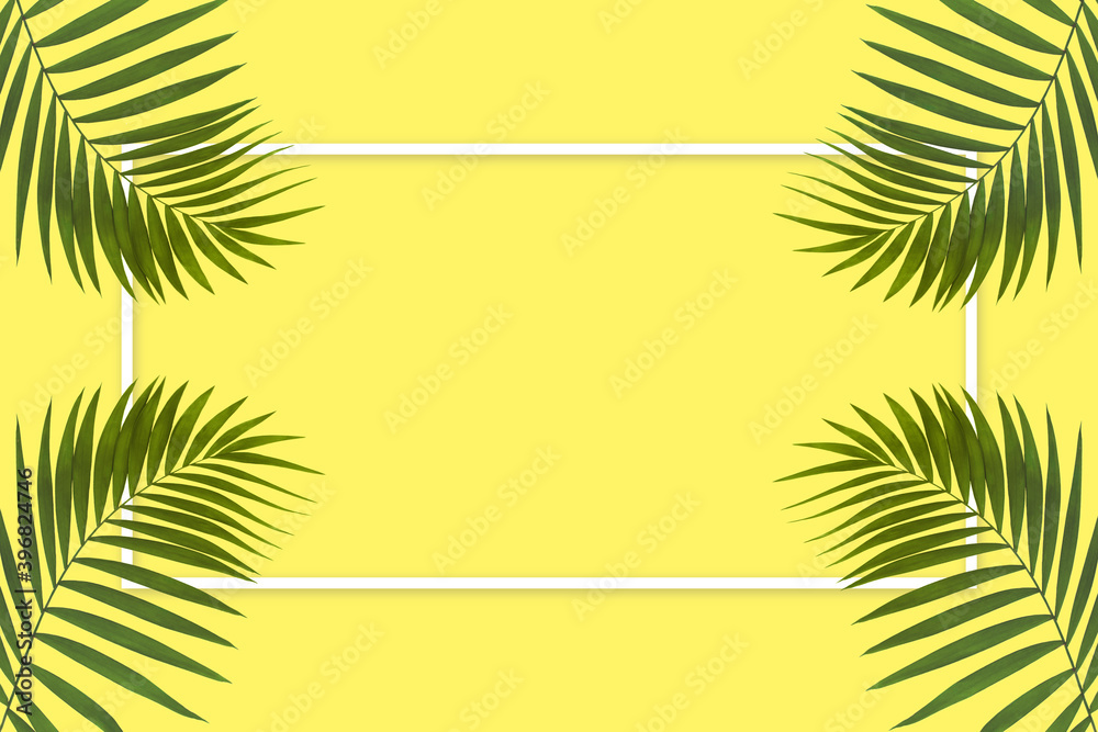 Exotic green tropical palm leaves isolated on yellow background with white geometric frame. Design for invitation cards, flyers. Abstract design templates for posters, covers, wallpapers with