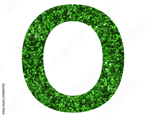 o letter logo, Alphabet Green Glitter Abc, 3d illustration 