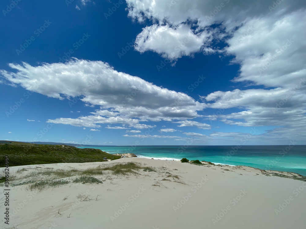 Scenic view of sand dunes and beach at De Hoop nature Reserve, South Africa.